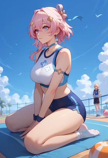 star rail,march 7th,tankini top,board shorts  - AI generated anime art